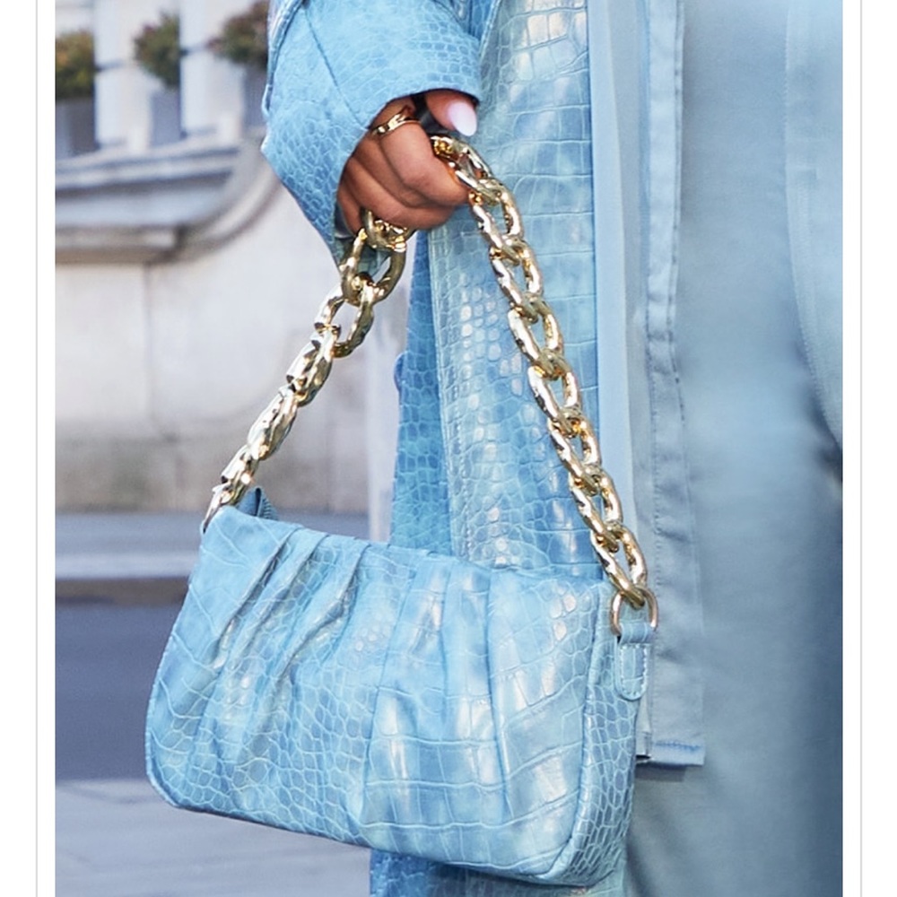 PLT x Molly Mae - Blue PU Croc Gold Chain Shoulder Bag